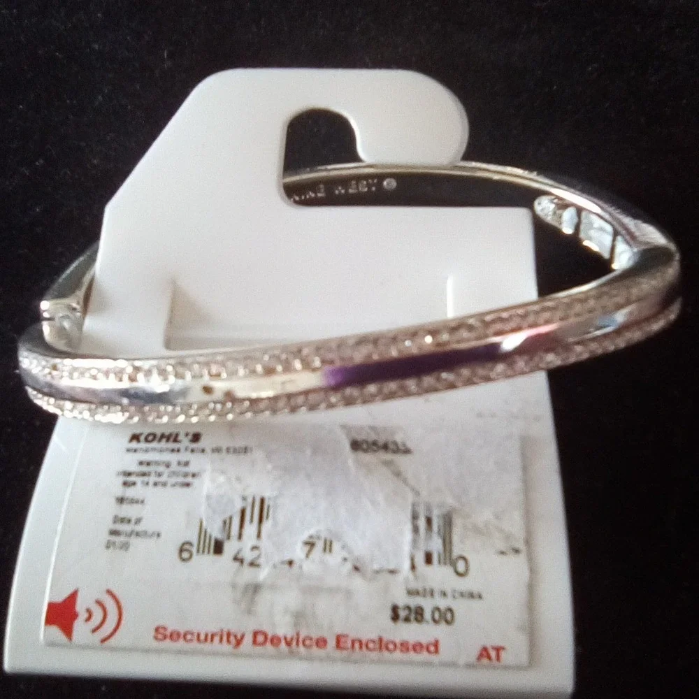 Nine West Silver Tone Crystal Bangle Bracelet Set 3 Piece Stackable Cuff Hinged